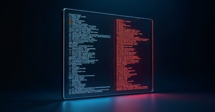 Quarto mal iluminado com um laptop brilhante exibindo alertas de malware
