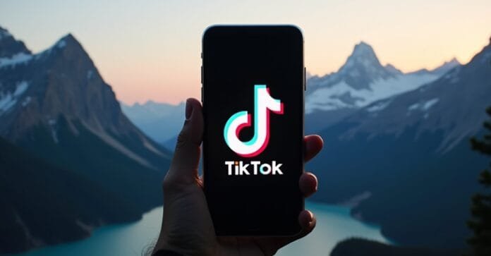 alegon Um grupo de jovens interagindo com seus smartphones em frente ao iluminado edifício do Parlamento Canadense durante o pôr do sol, representando a vibrante presença e as preocupações do TikTok no Canadá.